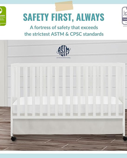 Quinn Full-Size Folding Crib In White, Removeable Wheels, Modern Nursey, Adjustable Mattress Support, Portable Crib, Patented Folding System - LeafyLoom