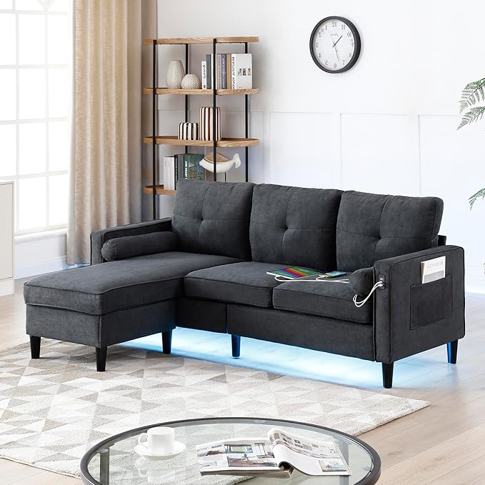 3 Seater L Shaped Convertible Sectional Sofa Couch with Reversible Chaise , Linen Upholstered Corner Sleeper Lounge Sofá with 2 USB Ports and LED Lights ,Storage for Small Space Living Room Apartment - LeafyLoom