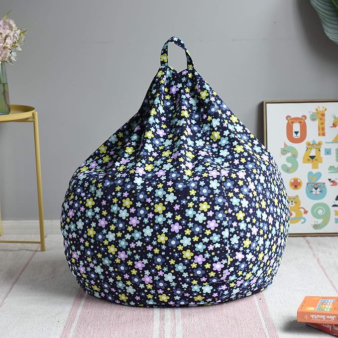 YuppieLife Kids Storage Bean Bag Cover（No Filling） Toy Organizer|Carrying Handle Sofa|Available for Kids and Teenager|Cuddle Chair|Machine Washable and Durable（38“,Blue Flowers） - LeafyLoom