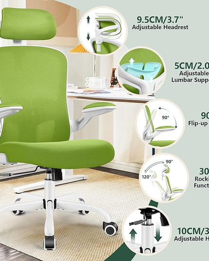FelixKing Premium Ergonomic Office Chair with Adjustable Headrest, Thickened 90° Flip Armrests, and Lumbar Support – Height Adjustable | Ideal for Home Office Desks and Workstations | Green - LeafyLoom