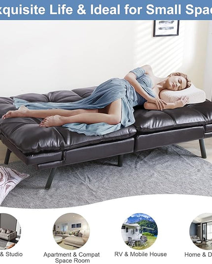 MUUEGM Futon Sofa Bed Convertible Memory Foam Sleeper Couch,Modern Faux Leather Daybed Love seat for Living Room Office Apartment Small Space,Adjustable Arm&Back,71" Sofabed, Black - LeafyLoom