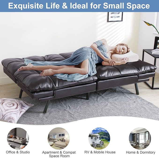MUUEGM Futon Sofa Bed Convertible Memory Foam Sleeper Couch,Modern Faux Leather Daybed Love seat for Living Room Office Apartment Small Space,Adjustable Arm&Back,71" Sofabed, Black - LeafyLoom