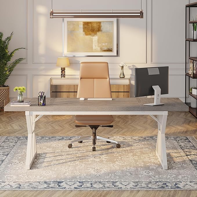 Tribesigns 70.8-Inch Executive Desk, Large Computer Office Desk Workstation, Modern Simple Style Laptop Desk Study Writing Table Business Furniture for Home Office (Grey/White, 70.8 Inch) - LeafyLoom