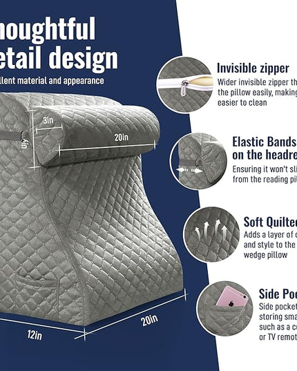 Reading Pillows for Sitting in Bed Adult Back Pillow for Bed Sitting Up, Back Support Pillow for Bed with Adjustable Roller, Foam Wedge Pillow for Neck, Lumbar, Back, Gray, 20 * 12 * 26IN - LeafyLoom