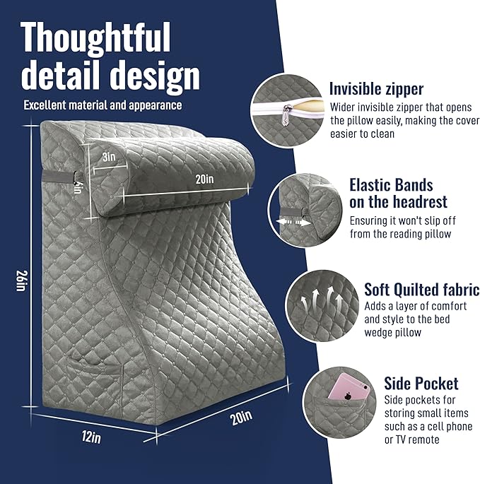 Reading Pillows for Sitting in Bed Adult Back Pillow for Bed Sitting Up, Back Support Pillow for Bed with Adjustable Roller, Foam Wedge Pillow for Neck, Lumbar, Back, Gray, 20 * 12 * 26IN - LeafyLoom