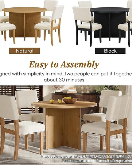 Modern Round Pedestal Kitchen 4 Upholstered Chairs, Rubber Wood, Easy Assembly, for Studio, Apartment, Small Places, Room, 5 Piece Dining Table Set, Natural 15 - LeafyLoom