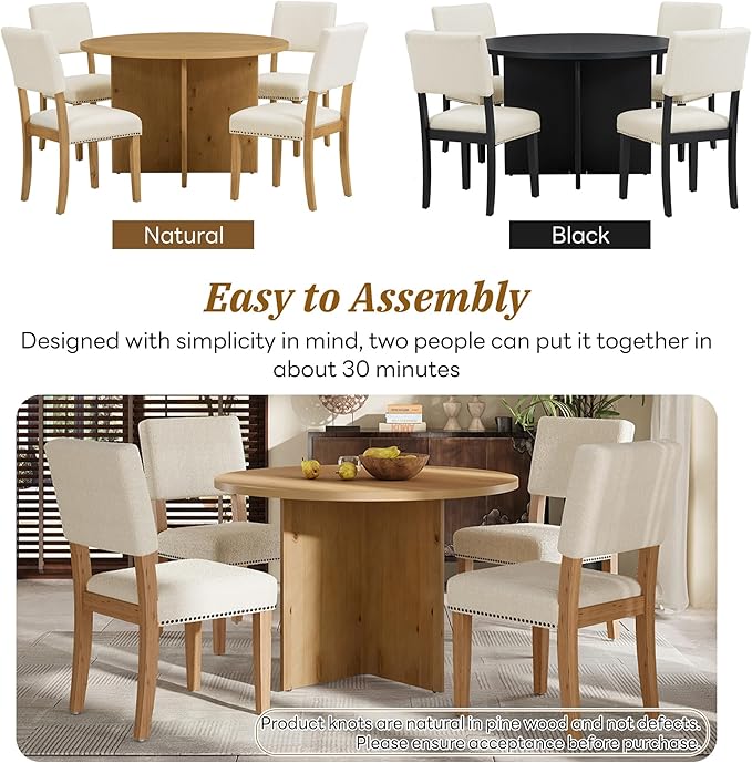 Modern Round Pedestal Kitchen 4 Upholstered Chairs, Rubber Wood, Easy Assembly, for Studio, Apartment, Small Places, Room, 5 Piece Dining Table Set, Natural 15 - LeafyLoom