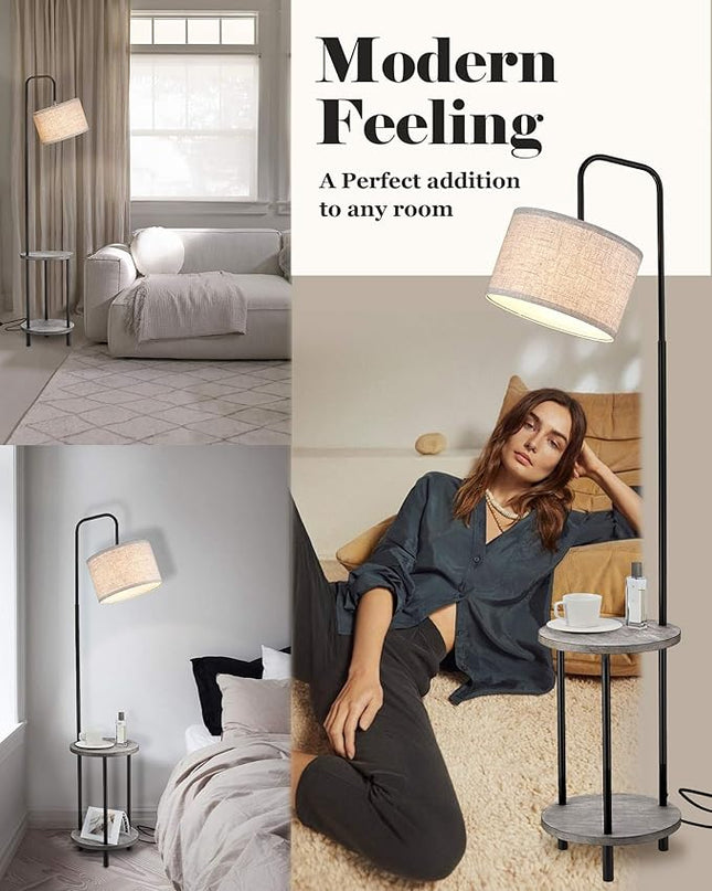 ELYONA Solid Wood Floor Lamp - Rustic Side Table Lamp for Bedroom & Living Room - Mid Century Modern Floor Lamp with 3 Color Temperatures LED Bulb - Industrial Tall Pole Reading Standing Light - Grey - LeafyLoom