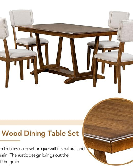 NicBex Small Dining Table Set for 4 Kitchen Table Set 5-Piece Dining Table Set with 4 Upholstered Chairs, 59-inch Rectangular Dining Table with Trestle Table Base, Walnut - LeafyLoom