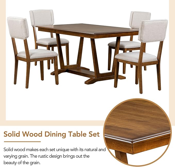 NicBex Small Dining Table Set for 4 Kitchen Table Set 5-Piece Dining Table Set with 4 Upholstered Chairs, 59-inch Rectangular Dining Table with Trestle Table Base, Walnut - LeafyLoom