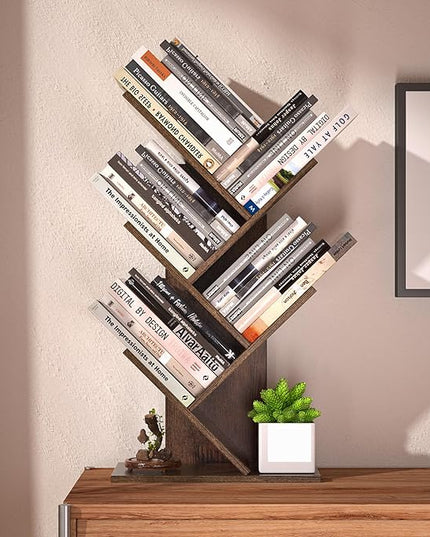 5 Tier Small Tree Bookshelf Desk Book Organizer Narrow Bookcases for Books Magazines CDs Free Standing Retro Wooden Storage Shelves for Home Office Bedroom Living Room Rustic Brown - LeafyLoom