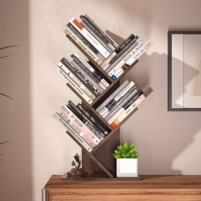 5 Tier Small Tree Bookshelf Desk Book Organizer Narrow Bookcases for Books Magazines CDs Free Standing Retro Wooden Storage Shelves for Home Office Bedroom Living Room Rustic Brown - LeafyLoom