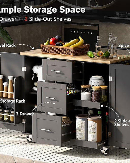 Kitchen Island with Storage, Spice Rack & Tower Rack, Mobile Rolling Kitchen-Cart on Wheels w/Rubber Wood Top, 3 Drawer, 2 Slide-Out Shelf and Internal Storage Rack - LeafyLoom