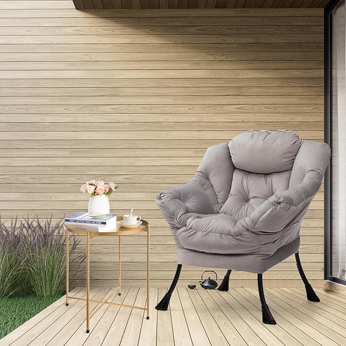 AcozyHom Modern Fabric Large Lazy Chair, Accent Oversized Comfy Reading Chair, Thick Padded Cozy Lounge Chair with Armrest, Steel Frame Leisure Sofa Chair for Living Room, Bedroom, Dorm, Smoky Grey - LeafyLoom