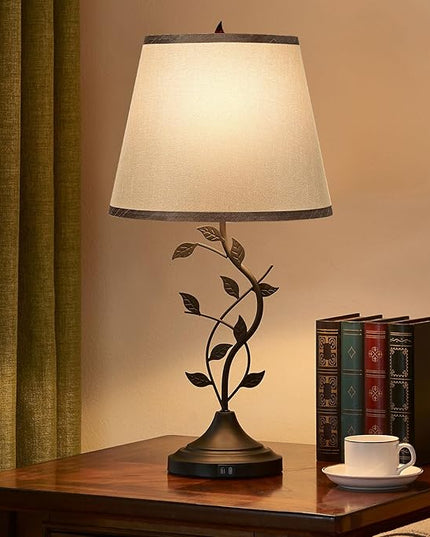 Kakanuo Table Lamp Bedside Lamp with USB C Charging Ports, Grey Traditional Nightstand Lamp for Living Room, Desk Lamp Large Retro Table Lamp for Bedroom - LeafyLoom