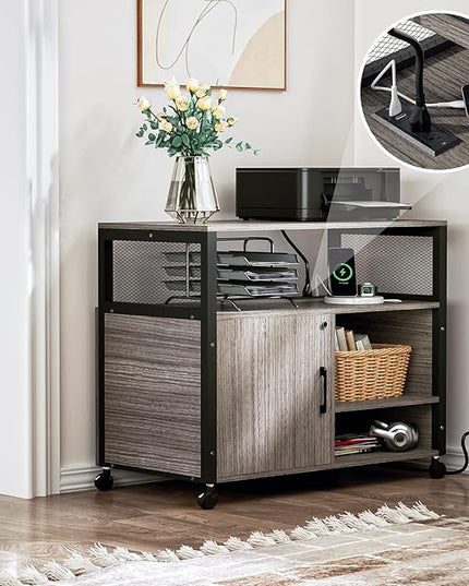 Lateral File Cabinets with Socket & USB Charging Station, Lockable Office File Cabinets Rolling Printer Stand with Open Storage Shelves for Home Office Organization & Storage - LeafyLoom