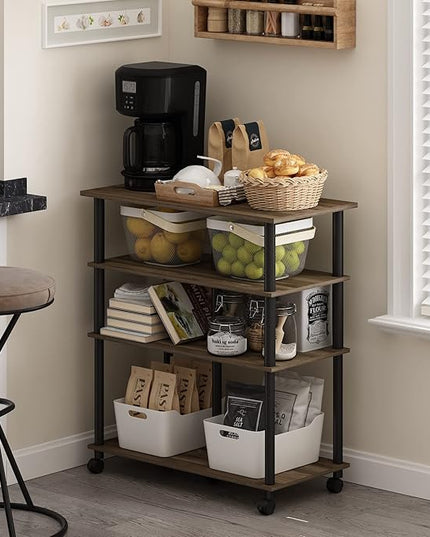 Furinno Helena 4-Tier Multifunction Rolling Kitchen Island Dining Cart on Wheels, Columbia Walnut/Black - LeafyLoom