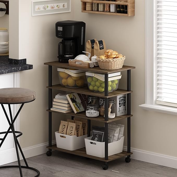 Furinno Helena 4-Tier Multifunction Rolling Kitchen Island Dining Cart on Wheels, Columbia Walnut/Black - LeafyLoom