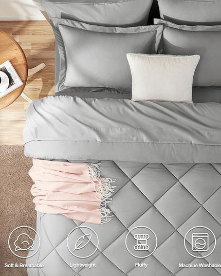 CozyLux Twin Bed in a Bag Comforter Set with Sheets 5-Pieces for Girls and Boys Light Grey All Season Bedding Sets with Comforter, Pillow Sham, Flat Sheet, Fitted Sheet and Pillowcase - LeafyLoom