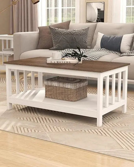 ChooChoo Farmhouse Coffee Table, White Living Room Table with Shelf, 40 Inch - LeafyLoom