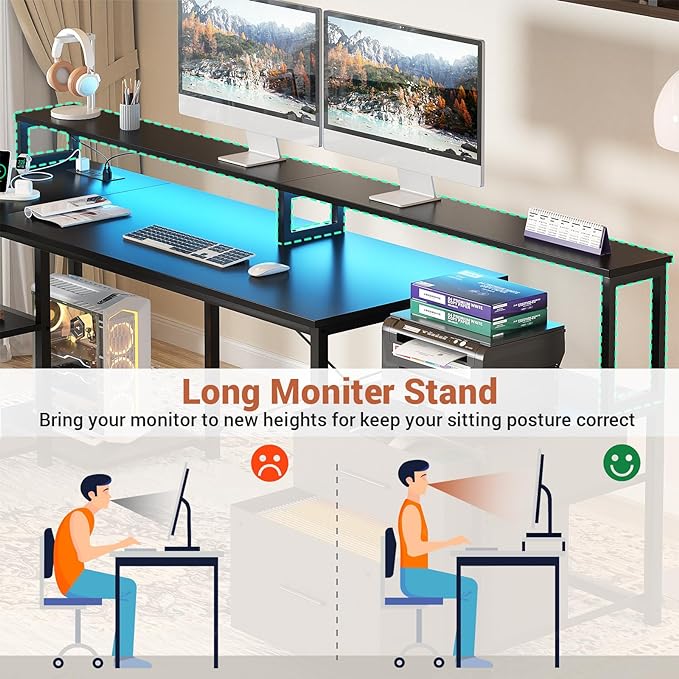 Aheaplus L Shaped Desk with File Drawer, 72.8" Reversible L Shaped Computer Desk with Power Outlet & LED Strip, Gaming Desk with Long Monitor Stand, Office Desk Corner Desk with Storage Shelf, Black - LeafyLoom