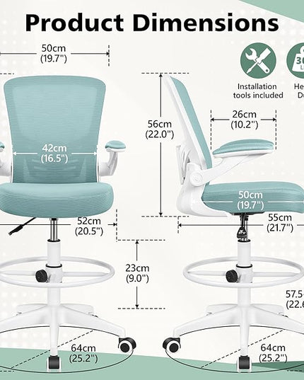 MINLOVE Drafting Office Chair, Ergonomic Tall Office Chair with Flip-up Armrests Executive Ergonomic Computer Standing Desk Chair with Lumbar Support and Adjustable Footrest(Light Blue) - LeafyLoom