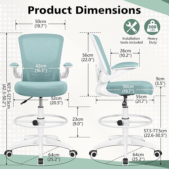 MINLOVE Drafting Office Chair, Ergonomic Tall Office Chair with Flip-up Armrests Executive Ergonomic Computer Standing Desk Chair with Lumbar Support and Adjustable Footrest(Light Blue) - LeafyLoom