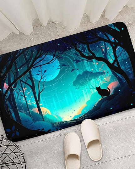 Cat Rug - Magic Black Cat Rug for Home Decor Moon Black Cat Rug for Boys Room Cat Door Mats Outdoor Entrance Forestscape Cat Rug, 2x3 Feet - LeafyLoom