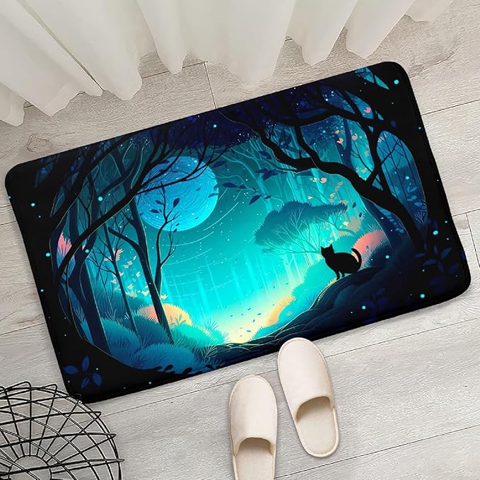 Cat Rug - Magic Black Cat Rug for Home Decor Moon Black Cat Rug for Boys Room Cat Door Mats Outdoor Entrance Forestscape Cat Rug, 2x3 Feet - LeafyLoom