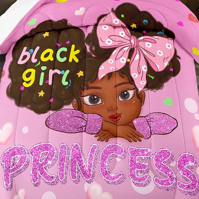 Black Girl Full Size Comforter Sets for Girls-Black African American Girls Full Size Bedding Sets Pink Princess Full Size Comforter Sets Girls Room, Full (1 Comforter 2 Pillowcases) - LeafyLoom