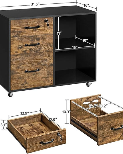 Yaheetech Lateral File Cabinet with Lock for Letter, A4 Size, 3 Drawer Printer Stand with Open Storage Compartments, Mobile Filing Cabinet for Home Office, Black/Rustic Brown - LeafyLoom