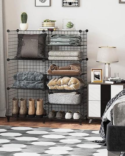Wolizom Wire Cube Storage, Metal Grids Shelves Bookshelf, Stackable Modular Shelving Organizer, DIY Closet Bookcase Bookshelf, Grid Storage Shelf for Bedroom, Living Room, Office (Black, 3+6 Cube) - LeafyLoom