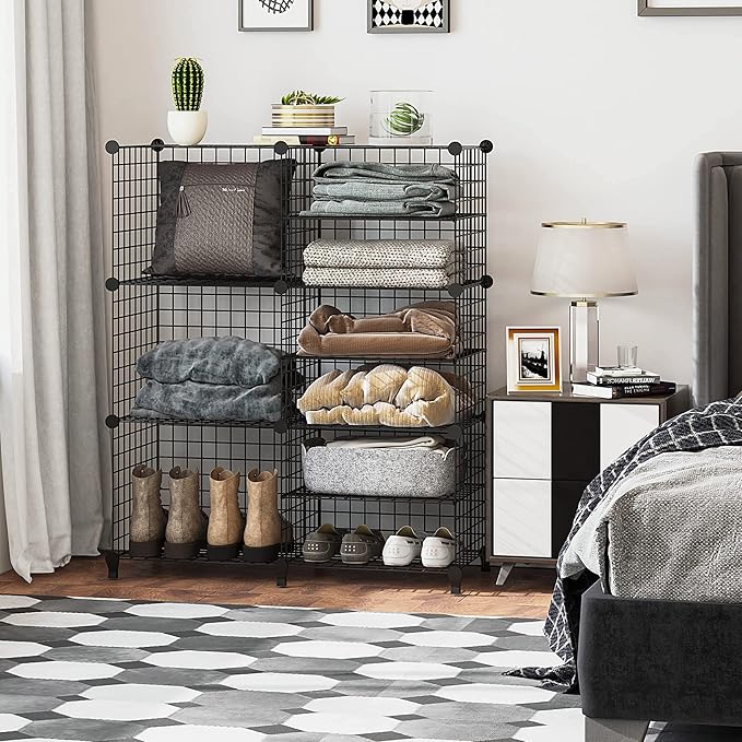 Wolizom Wire Cube Storage, Metal Grids Shelves Bookshelf, Stackable Modular Shelving Organizer, DIY Closet Bookcase Bookshelf, Grid Storage Shelf for Bedroom, Living Room, Office (Black, 3+6 Cube) - LeafyLoom