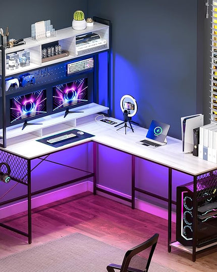 Lvifur 67” L Shaped Desk with Wireless Charging Station,24-Color RGB Dimmable Computer Desk with Pegboard,Gaming Desk with Monitor Stand, Display Stand,Human Sensor Lights for Home Office - LeafyLoom