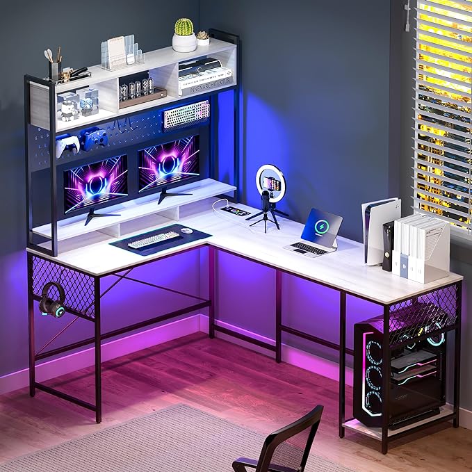 Lvifur 67” L Shaped Desk with Wireless Charging Station,24-Color RGB Dimmable Computer Desk with Pegboard,Gaming Desk with Monitor Stand, Display Stand,Human Sensor Lights for Home Office - LeafyLoom