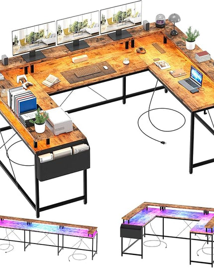 U Shaped Computer Gaming Desk, Reversible L Shaped Desk with Power Outlets, LED Strip & Monitor Stand, Large Corner Desk with Storage Shelves for Home Office, Rustic Brown - LeafyLoom