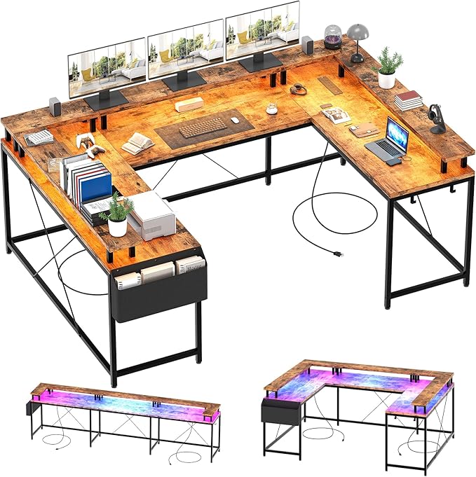 U Shaped Computer Gaming Desk, Reversible L Shaped Desk with Power Outlets, LED Strip & Monitor Stand, Large Corner Desk with Storage Shelves for Home Office, Rustic Brown - LeafyLoom