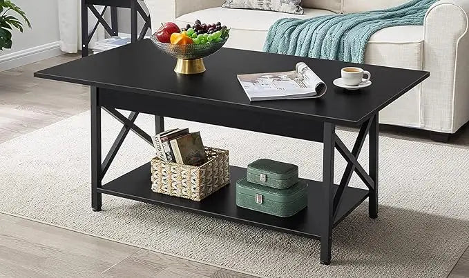GreenForest Coffee Table with Storage, 39inch Modern Coffee Tables for Living Room, X-Frame Design Farmhouse Black Coffee Table Space Saving Living Room Tables, Easy Assembly, Black - LeafyLoom