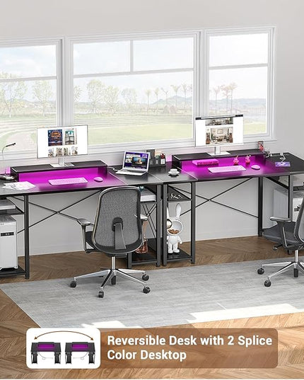 armocity Computer Desk with LED Lights, 48 Inch Reversible Large Desk with Power Outlet and USB, 48'' Gaming PC Table with Moveable Monitor Stand for Home Office, Workstation, Black - LeafyLoom