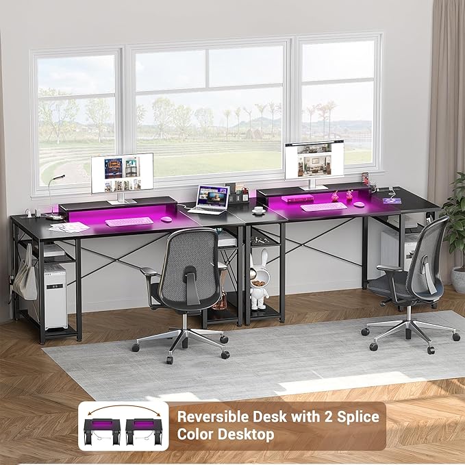 armocity Computer Desk with LED Lights, 48 Inch Reversible Large Desk with Power Outlet and USB, 48'' Gaming PC Table with Moveable Monitor Stand for Home Office, Workstation, Black - LeafyLoom