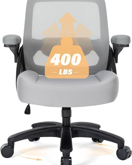 Big and Tall Office Chair 400lb- Mesh Ergonomic Heavy Duty Desk Chair- Flip Arms, Plus Size Wide Seat Executive Computer Chair for Large People- Home Office Swivel Rolling Task Chairs - LeafyLoom