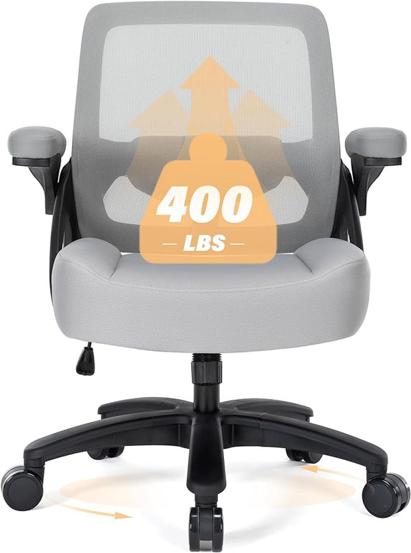Big and Tall Office Chair 400lb- Mesh Ergonomic Heavy Duty Desk Chair- Flip Arms, Plus Size Wide Seat Executive Computer Chair for Large People- Home Office Swivel Rolling Task Chairs - LeafyLoom