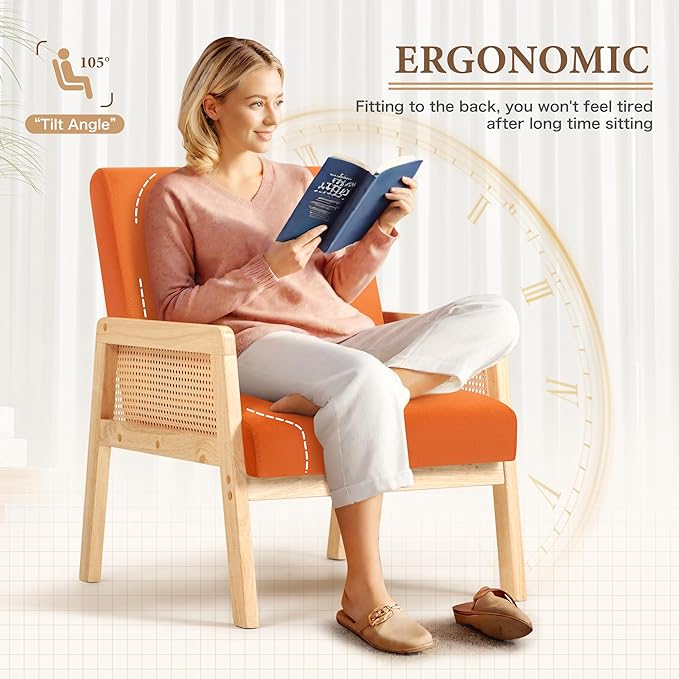 YESHOMY Mid-Century Accent Chair with Pillow Upholstered with Solid Frame & Breathable Armrest for Living Room, Orange - LeafyLoom