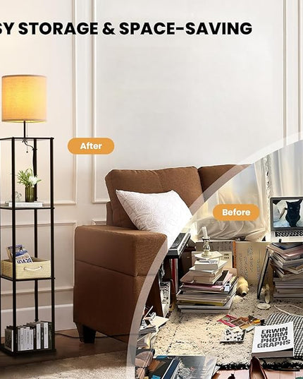 Moooni Modern Floor Lamp with Shelves Black Shelf Floor Lamp with White Linen Shape Corner Storage Floor Lamp for Living Room Bedroom Office - LeafyLoom