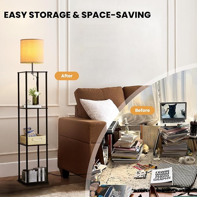 Moooni Modern Floor Lamp with Shelves Black Shelf Floor Lamp with White Linen Shape Corner Storage Floor Lamp for Living Room Bedroom Office - LeafyLoom