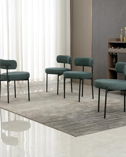 Dark Green Dining Chairs Set of 4 Round Upholstered Boucle Dining Room Chairs Mid-Century Modern Kitchen Chairs Curved Backrest Chairs for Dining Room Black Metal Legs - LeafyLoom