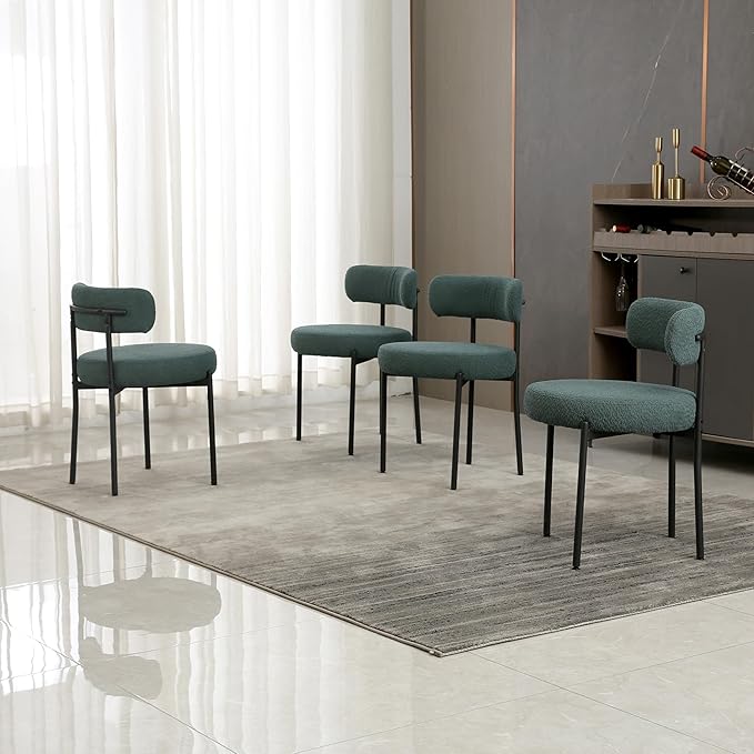 Dark Green Dining Chairs Set of 4 Round Upholstered Boucle Dining Room Chairs Mid-Century Modern Kitchen Chairs Curved Backrest Chairs for Dining Room Black Metal Legs - LeafyLoom