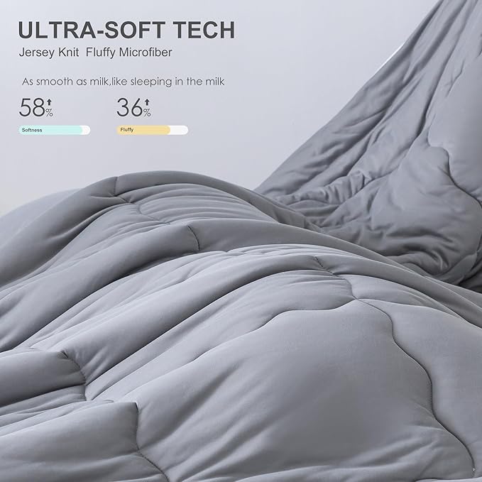 COTTEBED Ultra-Soft Comforter Set Queen/Full Size Bed, Jersey Knit T-Shirt Feeling Fluffy Cozy Comy Durable Lightweight Quilt Bedding Down Blanket & 2 Pillowcase for All Season Use, Dark Grey - LeafyLoom