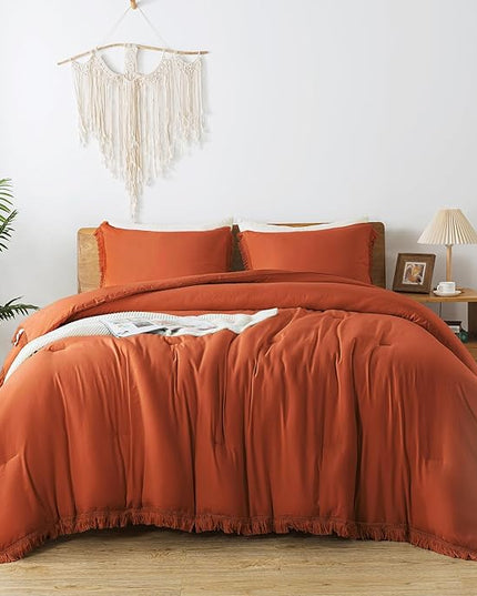 Andency King Size Comforter Set Burnt Orange, 3 Pieces Boho Terracotta Soft Lightweight Bedding Comforter Sets, Rust Tassel All Season Bed Set (104x90In Comforter & 2 Pillowcases) - LeafyLoom