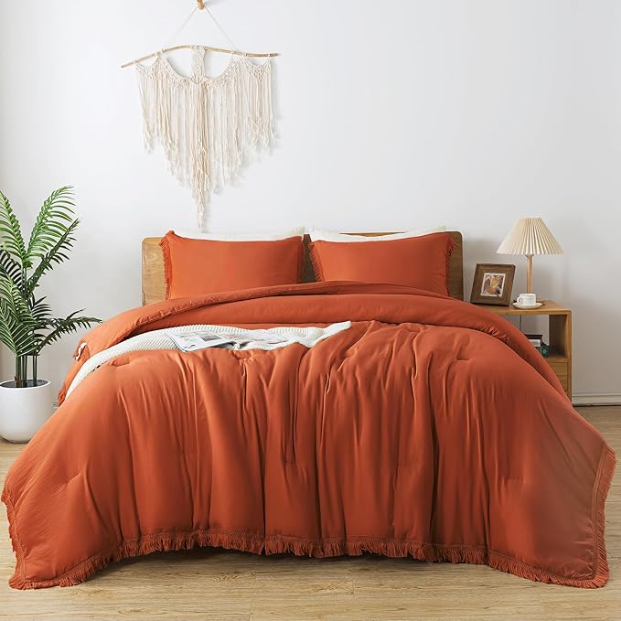 Andency King Size Comforter Set Burnt Orange, 3 Pieces Boho Terracotta Soft Lightweight Bedding Comforter Sets, Rust Tassel All Season Bed Set (104x90In Comforter & 2 Pillowcases) - LeafyLoom